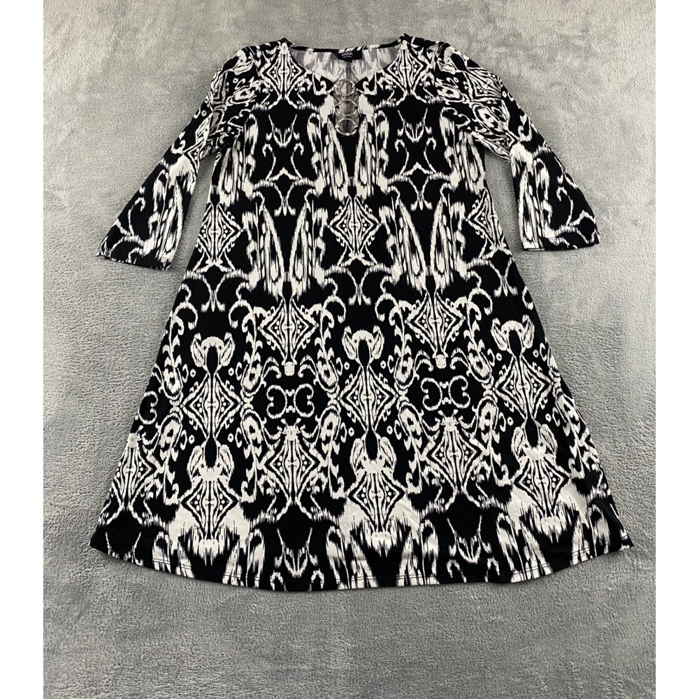 MSK Petite Womens Black White Ikat Print Ring Detail Bell Sleeve A-Line Dress SP